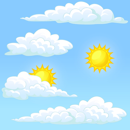 Weather set white clouds and the yellow sun on a blue backgroundのイラスト素材