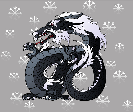Strong black water Asian chinese dragon on snowflakes grey backgroundのイラスト素材