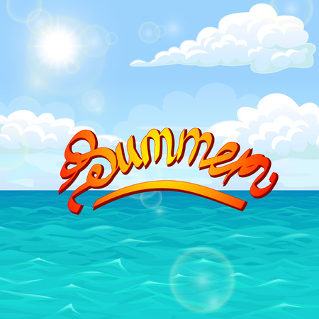 Summer orange red lettering on sea landscape. Ocean, blue waves, sky, clouds, horizon and sun. Vector illustration of a square format.のイラスト素材