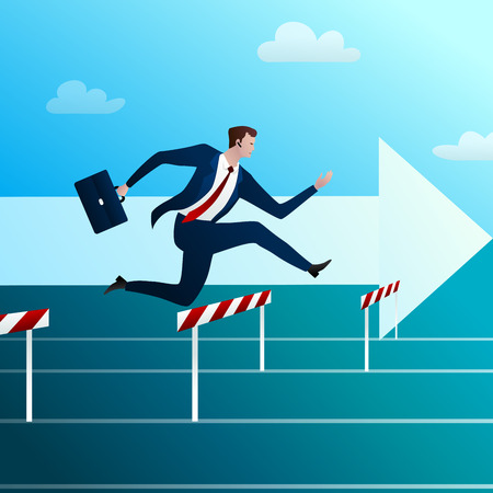 The successful businessman runs to the purpose and overcomes all obstacles in the way. Concept. Vector illustration.のイラスト素材