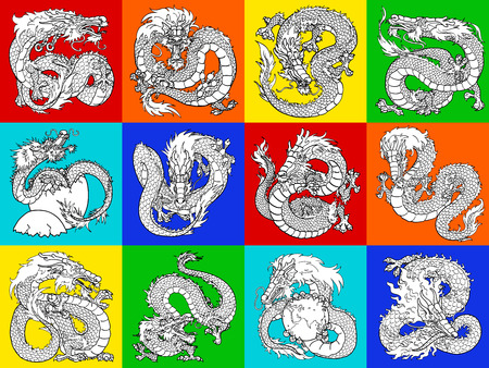 Set of 12 Asian dragons. Vector illustration. A black contour line on white color on a multi-colored bright background. Childrens coloring.のイラスト素材