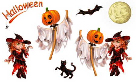 Set of characters for registration of Halloween. Separately on white. An inscription, the cat, a ghost dances with the witch, the moon, a bat, a spider.の写真素材