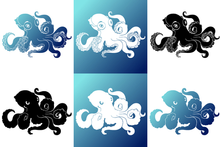 Set six silhouette octopus on white blueのイラスト素材