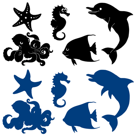 Five marine animals silhouette on whiteのイラスト素材