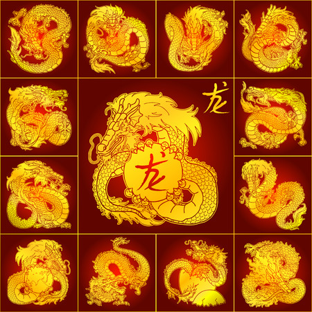 Set roosters gold on redのイラスト素材