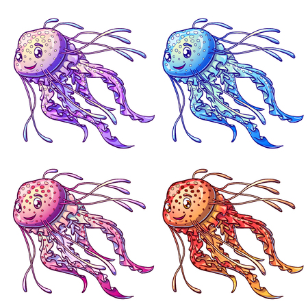 Jellyfish four color on whiteの写真素材