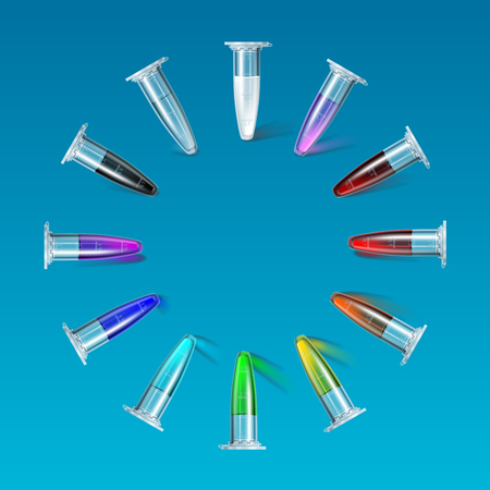 Set test tube multi color circle on blueの写真素材