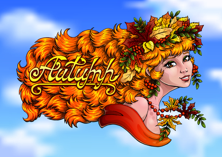 Girl autumn color and letter Autumn on skyのイラスト素材