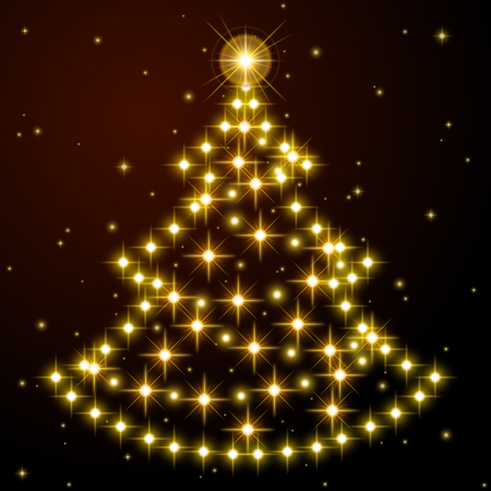 Fir-tree from the realistic beautiful gold stars on black background. Card with New Years mood. Vector illustration. It is possible to use on transparent.のイラスト素材