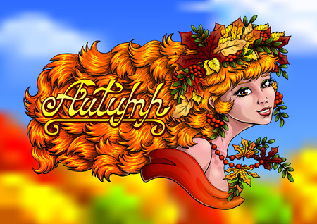 Girl autumn color and letter Autumnのイラスト素材