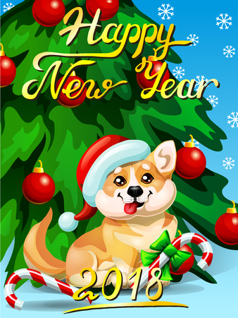 Card welsh corgi ang fir tree horizontal, vector illustration.のイラスト素材
