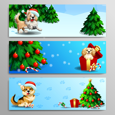 The three banners with cute dogs of Border Collie, Cocker Spaniel and Welsh Corgi with wood landscape, fir-tree, gift and candy cane. A vector illustration in cartoon styleのイラスト素材