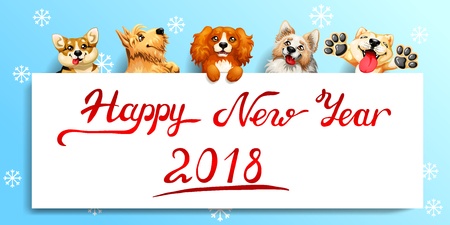 The five cute red and yellow dogs of different breeds and a white banner or a poster and inscription of Happy New year 2018. A vector illustration in cartoon style on blue.の写真素材