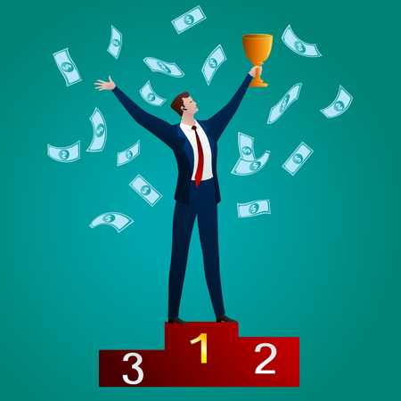 Businessman with cup on pedestal on greenのイラスト素材