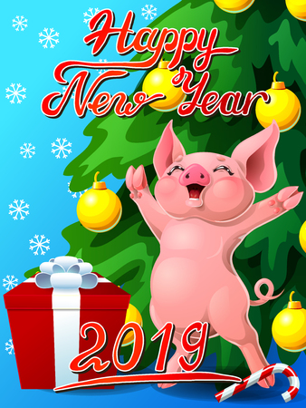 Card joyful pink pig and fir verticalのイラスト素材