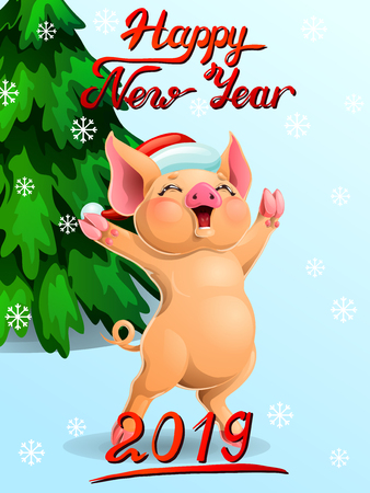 Card joyful yellow pig on blue vertのイラスト素材