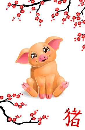 Cute pig and oriental cherry branch on whitのイラスト素材