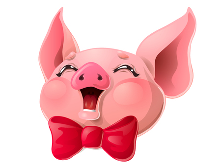 Joyful pink pig head and red bow on whiteのイラスト素材