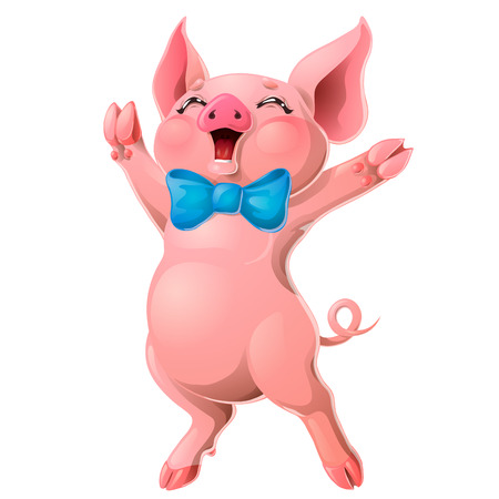 Joyful pink pig head and red bow on whiteのイラスト素材