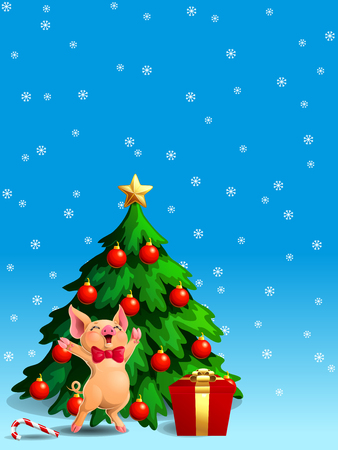 A joyful cute yellow pig with red bow and a fir-tree with spheres and star, a Candy cane and gift box on blue with snowflakers. A vector illustration in cartoon style, verticalのイラスト素材