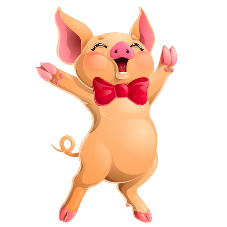 Joyful pink pig head and red bow on whiteのイラスト素材