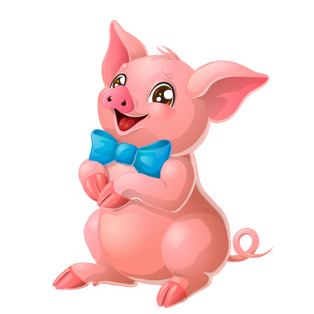 Lovely pink pig with blue bow on whiteのイラスト素材