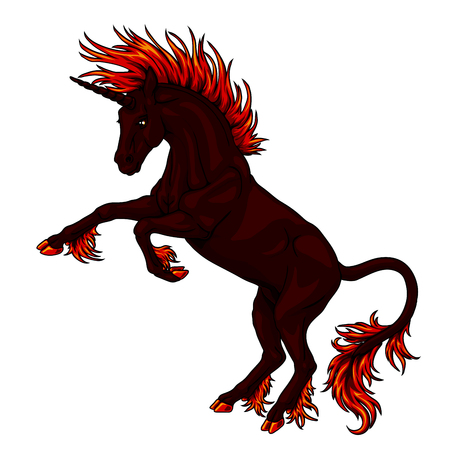 The state proud dark red unicorn wit fire-red mane and tail who got on hind legs on white background isolated. Magical horse animal. The cartoon manual illustration.のイラスト素材