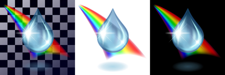 Water transparent blue drop and rainbow on transparents, white and black background separately. Concept of the test, realistic vector illustration.のイラスト素材