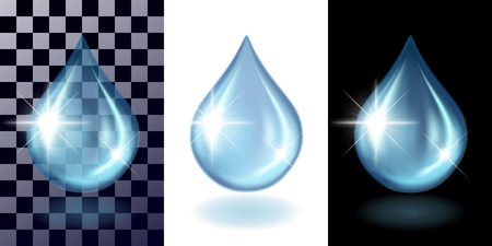 Water transparent blue drops and shadow on transparents, white and black background separately. Concept of the test, realistic vector illustration.のイラスト素材