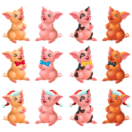 Set lovely pigs with bow and cap on whiteのイラスト素材