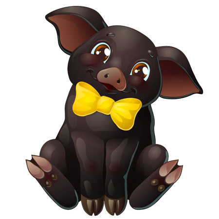 Cute black pig with bow sits on whiteのイラスト素材