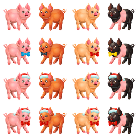 Set playful pigs with bow and capのイラスト素材