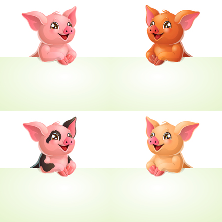 Set four pig and banner on whiteのイラスト素材