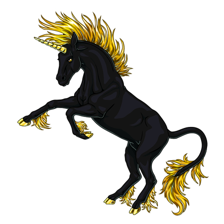The state proud black unicorn wit hgold mane and tail who got on hind legs on white background isolated. Magical horse animal. The cartoon manual illustration.のイラスト素材