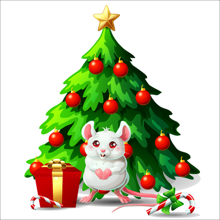 Cute white and pink mouse ang fir tree on whiteのイラスト素材