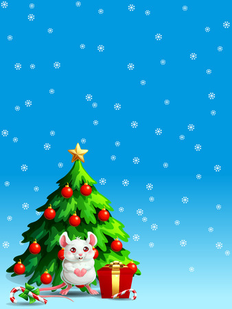 Cute white mouse ang fir tree vertのイラスト素材