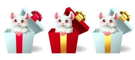 Set cute white and pink mouse in boxのイラスト素材