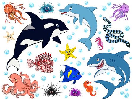 Big set sea animals color on whiteのイラスト素材
