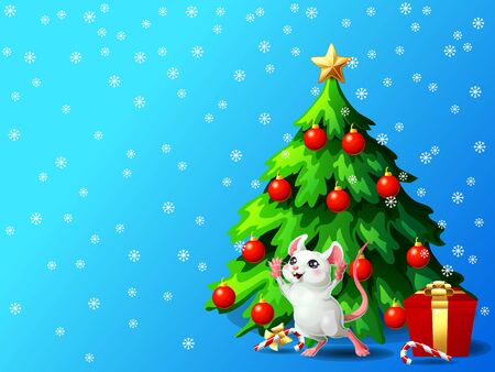 White cheerful mouse in box ang fir tree on blue gorizontalのイラスト素材