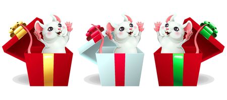 Set cheerful white and pink mouse in boxのイラスト素材