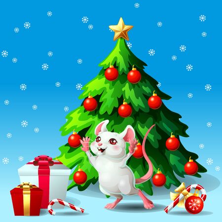 White cheerful mouse ang fir tree on blueのイラスト素材