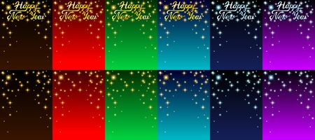 Set background Card with letters Happy New Year and gold and silver stars. Colorful dark brown. red, green, blue and violet colors. Vector cartoon illustrationのイラスト素材