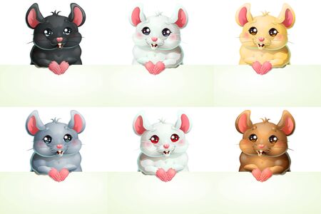 The lovely cute brown and pink mouse with black eyes with banner or a poster isolated on white background. A vector illustration in cartoon 3d styleのイラスト素材
