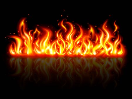 The fire flames background of red-orange colors and reflection on black. Realistic vector illustration. Candle, fireplace, fire. It is possible to use on a transparentのイラスト素材
