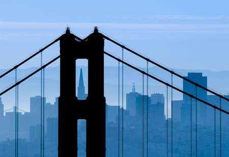 Golden Gate Bridge silhouetted against the San Francisco skyline.の写真素材