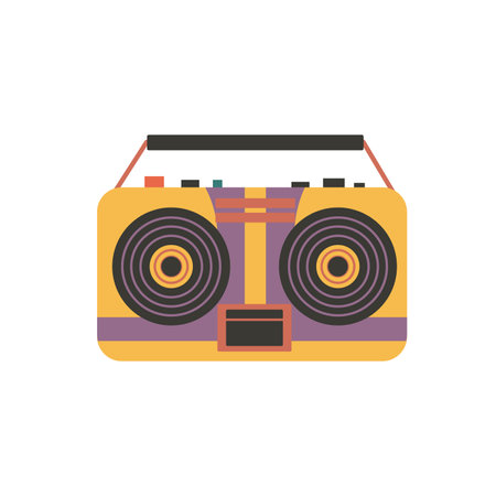 Retro Boombox and Audio Player, Colorful Vintage Tape Recorder, Cassette Music Box, Nostalgia for 90s Vector Illustration.のイラスト素材