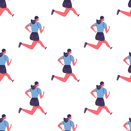 Seamless pattern of running young women in sportswear. Running cute girls background. Side and back views. Athletic woman. Training and running. Female character flat cartoon vector illustration.のイラスト素材
