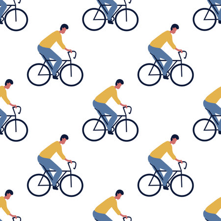 Seamless pattern with men driver on bicycles. flat cartoon Vector illustration of a character. Cyclist isolated on white backgroundのイラスト素材