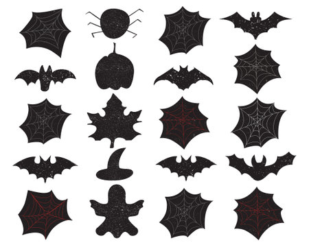 Set of Halloween background overlays label on textured slhouettes ghost, web, bat, spider, witch hat, pumpkin and leaf. Modern brush calligraphy hand drawn lettering.のイラスト素材