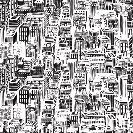 Hand drawn seamless pattern with big city New York. Vector vintage illustration with NYC architecture, skyscrapers, megapolis, buildings, downtown.のイラスト素材
